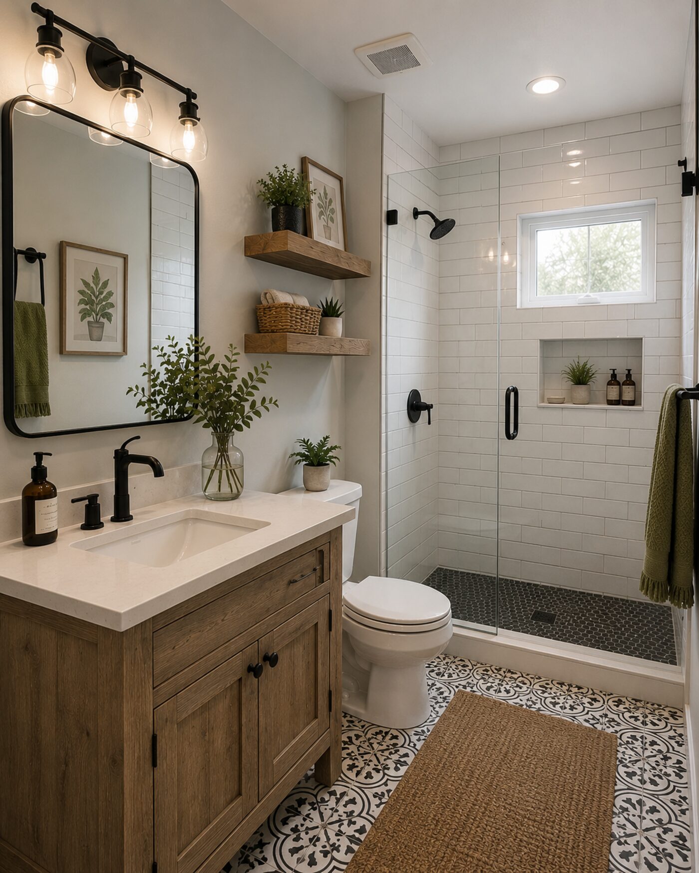 Full bathroom renovation in Durham, NC — walk-in shower and patterned tile floor by B & S Home Improvement