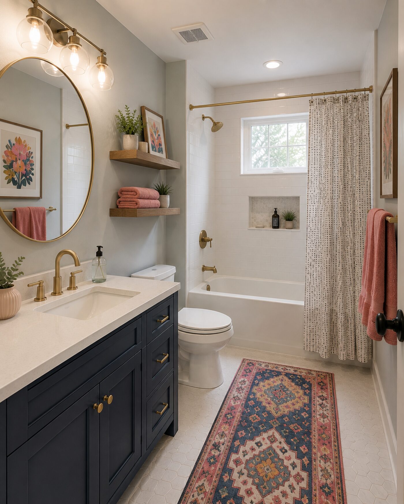 Bathroom remodel in Chapel Hill, NC — navy vanity and tub/shower combo by B & S Home Improvement