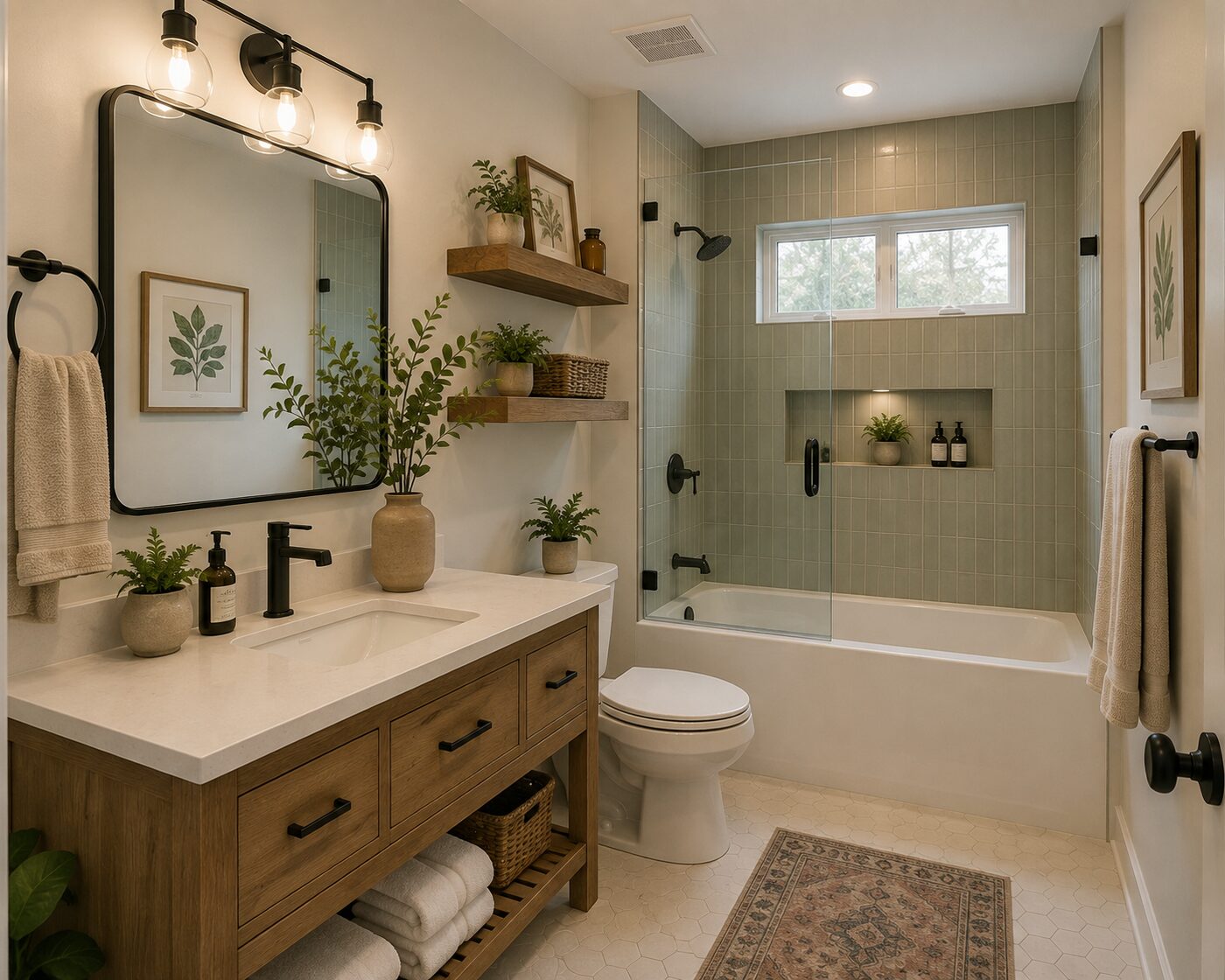 Bathroom remodel in Durham, NC by B & S Home Improvement — walk-in shower and soaking tub with sage green tile