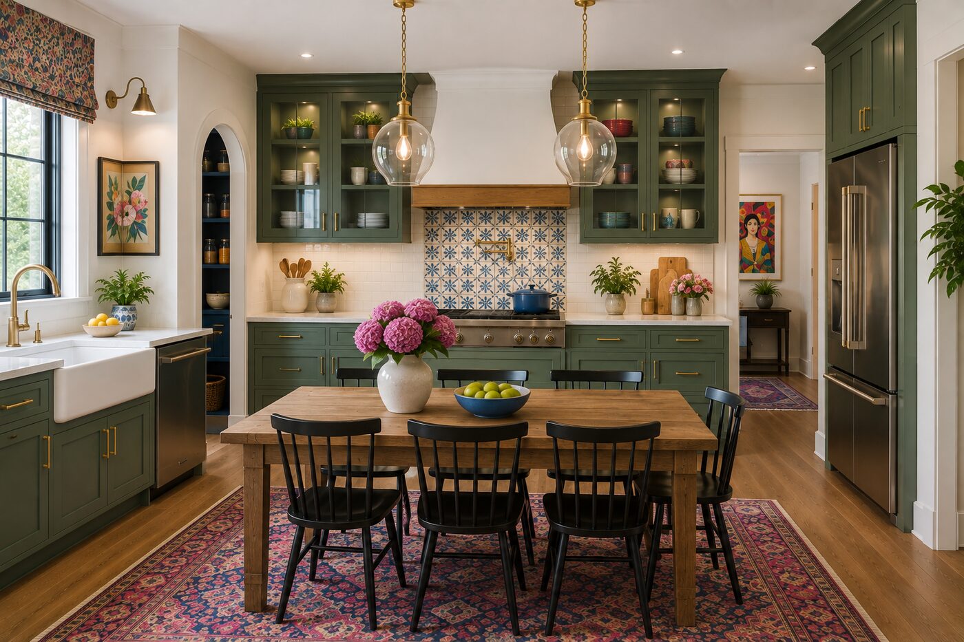 Kitchen remodel in Chapel Hill, NC — green cabinetry and patterned tile backsplash by B & S Home Improvement
