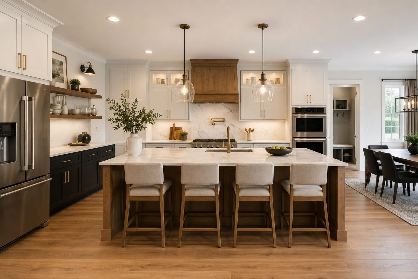 Kitchen remodel in Durham, NC by B & S Home Improvement — two-tone cabinetry, wood range hood, and island